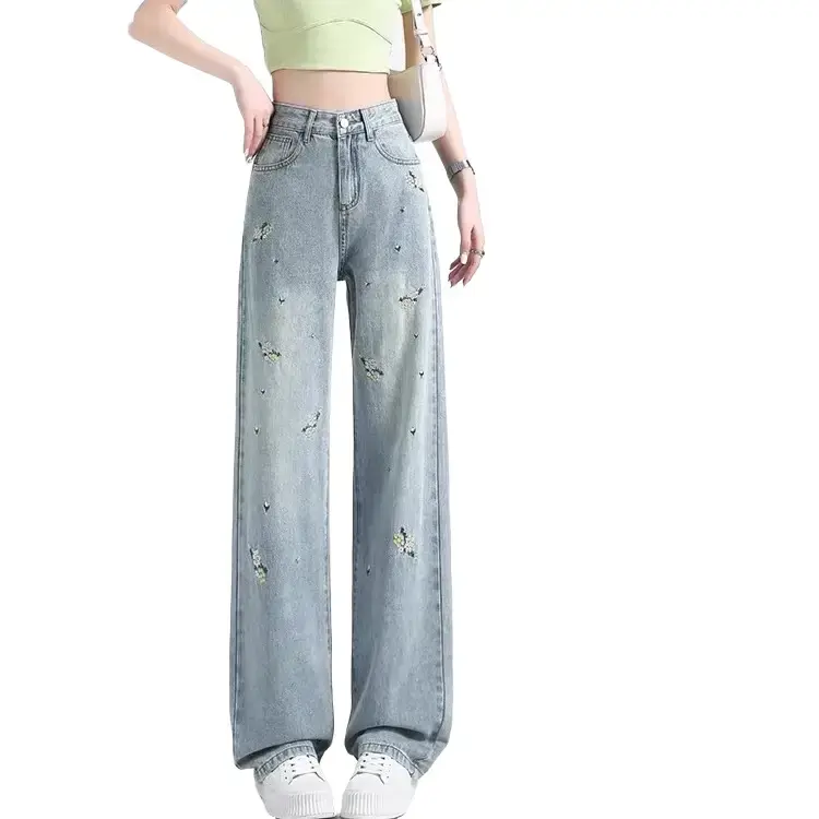 [N849 - VẢI QCCC] Quần Jean Suông thêu hoa nhí vàng chất vải QC mềm không co giãn màu xanh bạc sáng dài 105cm