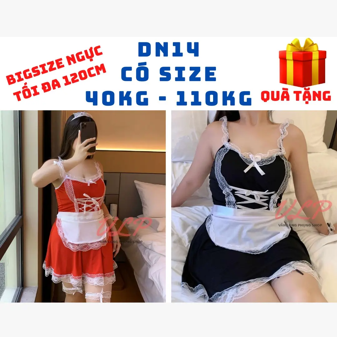 [CÓ BIGSIZE ĐẾN 110KG]_DN14_Full Set Bộ Ngủ Cosplay Hầu Gái Đen Ren Trắng