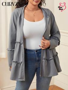 CURVZY Plus Size Solid Ruffle Hem Frill Trim Hooded Jacket, Casual Long Sleeve Zipper Pocket Outerwear for Fall & Winter, Women's Clothes for Daily Wear