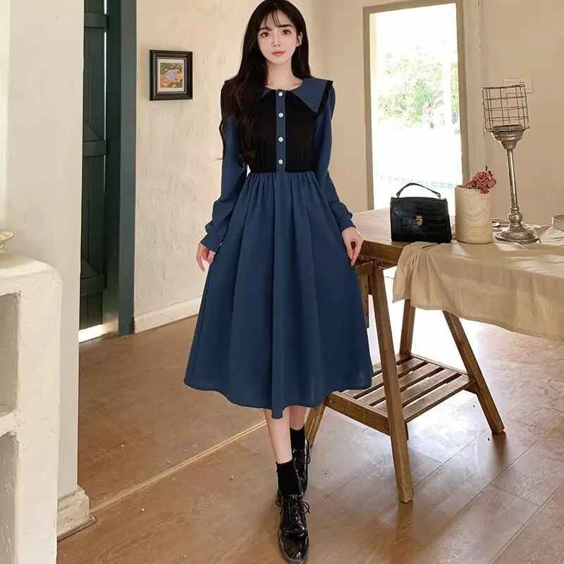 Fashion Top Women's Clothing In Stock Summer New Color Block Sleeve Mid-Length Fake Two-Piece College Style Washed Denim Dress