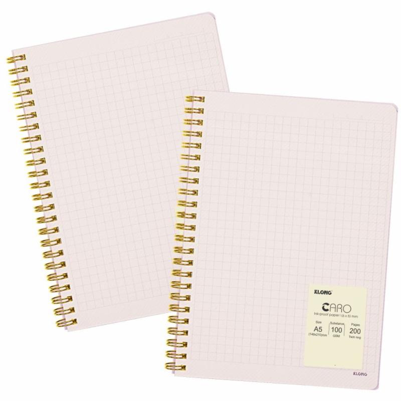 Vở A5 200 trang Caro nét đứt 6x6 mm lò xo kép Klong Ms 593, sổ caro bìa nhựa trong suốt vân chéo 100gsm