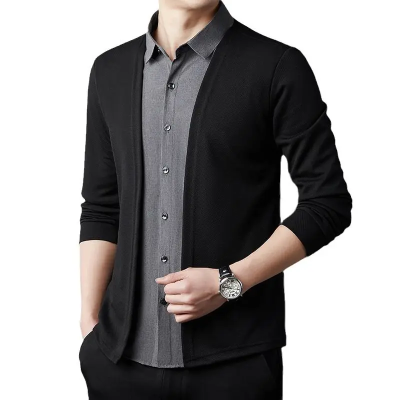 Áo Cardigan Dệt Kim, Phong Cách Doanh Nhân, Thời Trang Và Sành Điệu, Áo Sơ Mi Dài Tay, Áo Len Thường Ngày Áo Khoác Quý Ông, Thiết Kế Giả Hai Mảnh, Dệt Kim Cable Trái Và Ghi, Bomber Lớn, Có CÚC Menswear Nam Shirt