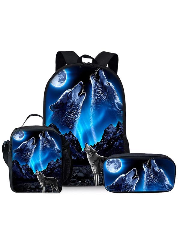 Wolf Pattern Backpack & Lunch Bag & Pencil Case Set, Casual Versatile Backpack Set for Women & Men, Trendy All-match Bag Set for Daily Use 0