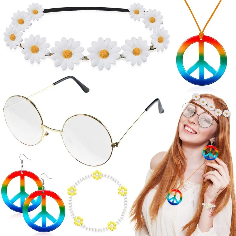 6 Pcs 60's 70s Style Women's Hippie Costume Set Boho Peace Sign Round Glasses Sunflower Crown Hair Band for Groovy Party Girls