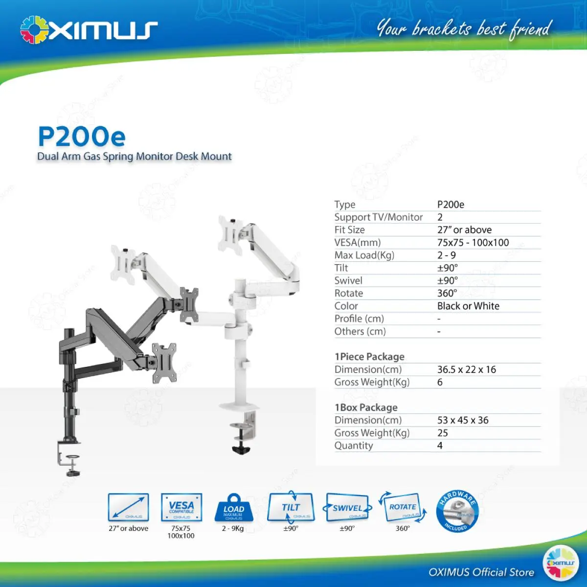 BRACKET MONITOR DESKMOUNT GAS SPRING OXIMUS P200e TILT SWIVEL ROTATE Hitam Putih Laptop Computer