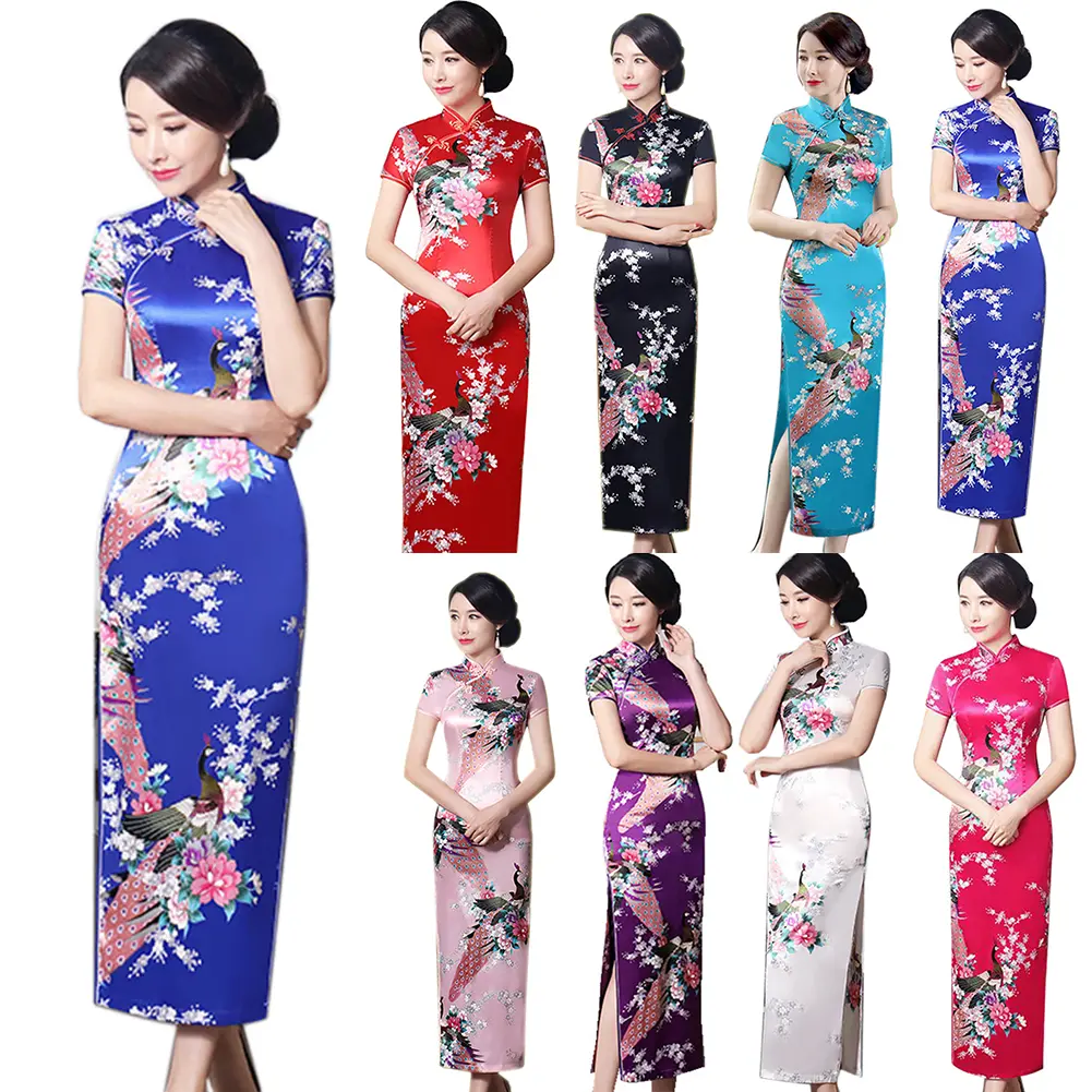 Váy Dạ Hội In Hình Con Công, Dành Cho Phụ Nữ Trung Quốc, Sườn Xám Dài, Phù Dâu, ngắn Tay, Fw.Q