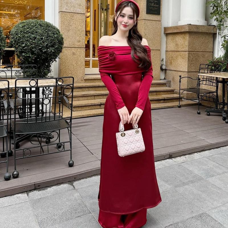 Áo Dài Kèm Quần chất liệu Tafta phối thun ngọc trai sang trọng đi chơi Tết đi chụp hình NHƯ Ý SET Top Kem Nhung Cotton Voi Sen Dress váy trễ vai noel Tre