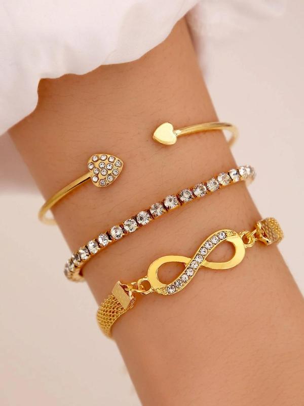 3pcs/set Women's Minimalist Elegant Rhinestone Decorated Heart Design Bracelets Bangle, Fashion Accessories for Party, All-match Fashion Jewelry for Daily Wear, Girls Birthday Gift, Valentine's Day, Gift, Bracelets Stack 4