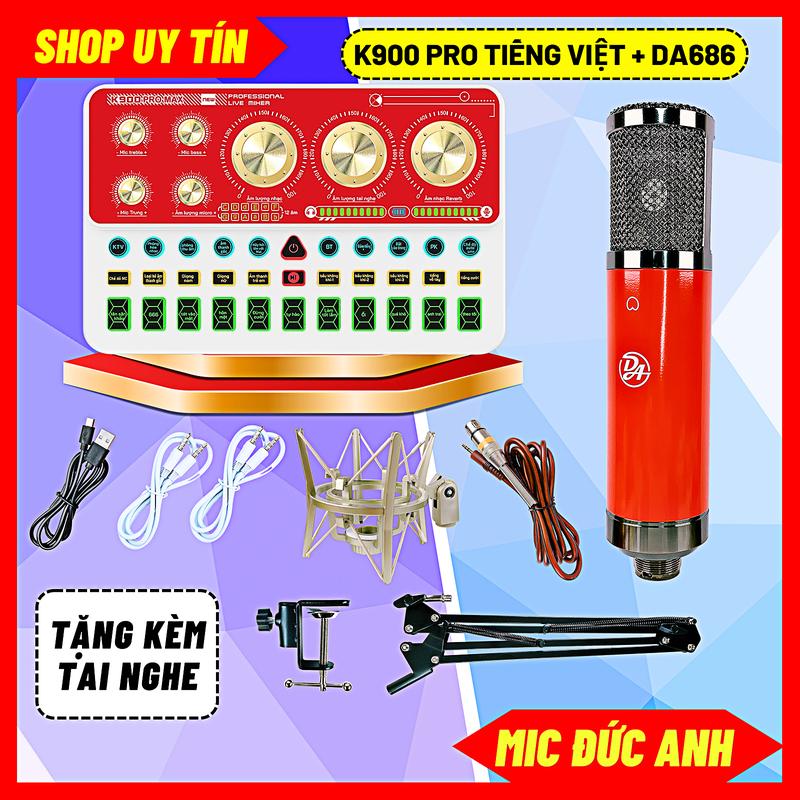 Bộ Sound Card K900 Pro Max Tiếng Việt Mic Thu Âm DA686 Có 2 Màu Đỏ Đen Chuyên Hát Livestream Với Điện Thoại, Máy Tính