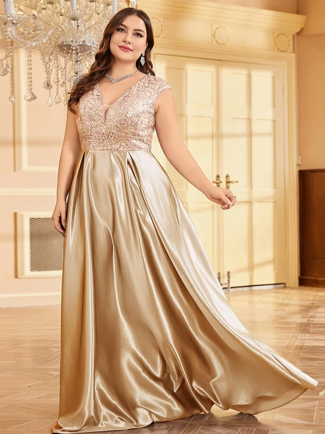 【Plus Size】 V Neck Zipper Back A Line Sequins Dress, Elegant Cap Sleeve High Waist Evening Party Gown, Women's Plus Clothes for All Seasons
