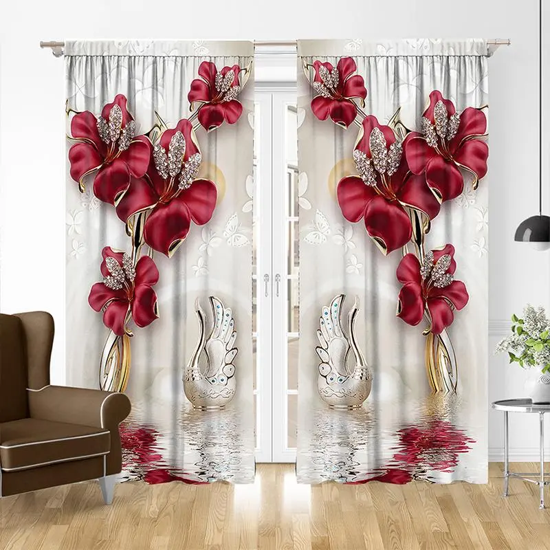 Floral & Swan Print Curtain, 2pcs Modern Rod Household Curtains, Room Decor, Bedroom Decor, Christmas Gifts, Christmas Decorations, Room Accessories