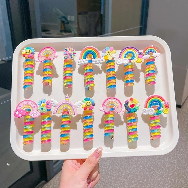 Dây buộc tóc lò xo xoắn hình bằng nhựa tạo kiểu có đính nơ, hoa , cầu vồng dễ thương cho bé gái