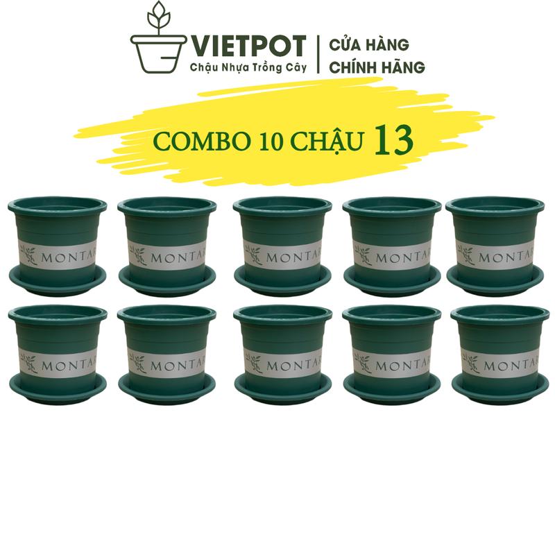 Combo 10 chậu size 13x11, Chậu nhựa VIETPOT, họa tiết MONTARIO, kèm đĩa, trồng cây kiểng lá, hoa hồng, trang trí nhà cửa, sân vườn.