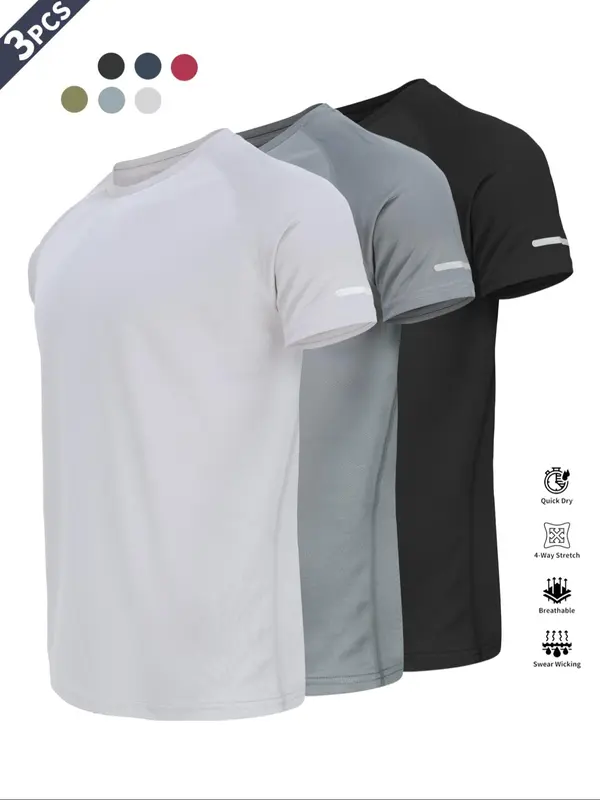 Men's Plain Reflective Design Sports Tee, Breathable Fit Quick Drying Short Sleeve T-shirt, Activewear, Men's Sportswear for Gym Workout Running, Clothing 7