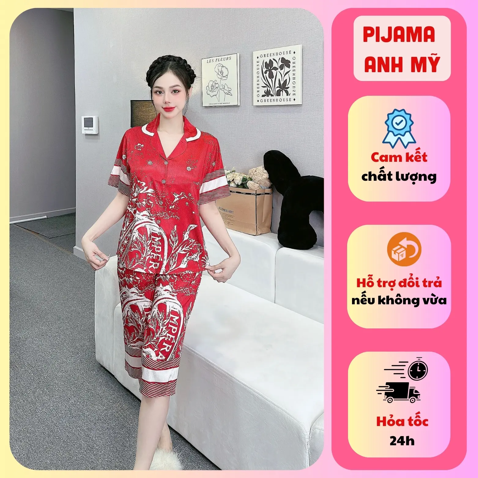 Bộ pijama lửng nữ mặc nhà áo tay ngắn quần lửng bigsize in họa tiết chất lụa xước cao cấp SP0312