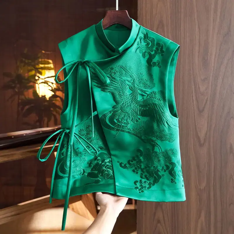 Vintage Chinese Style Outerwear Vest White Crane/Flowers Embroidered Lacing Vests Spring And Summer Elegant Women's Clothing