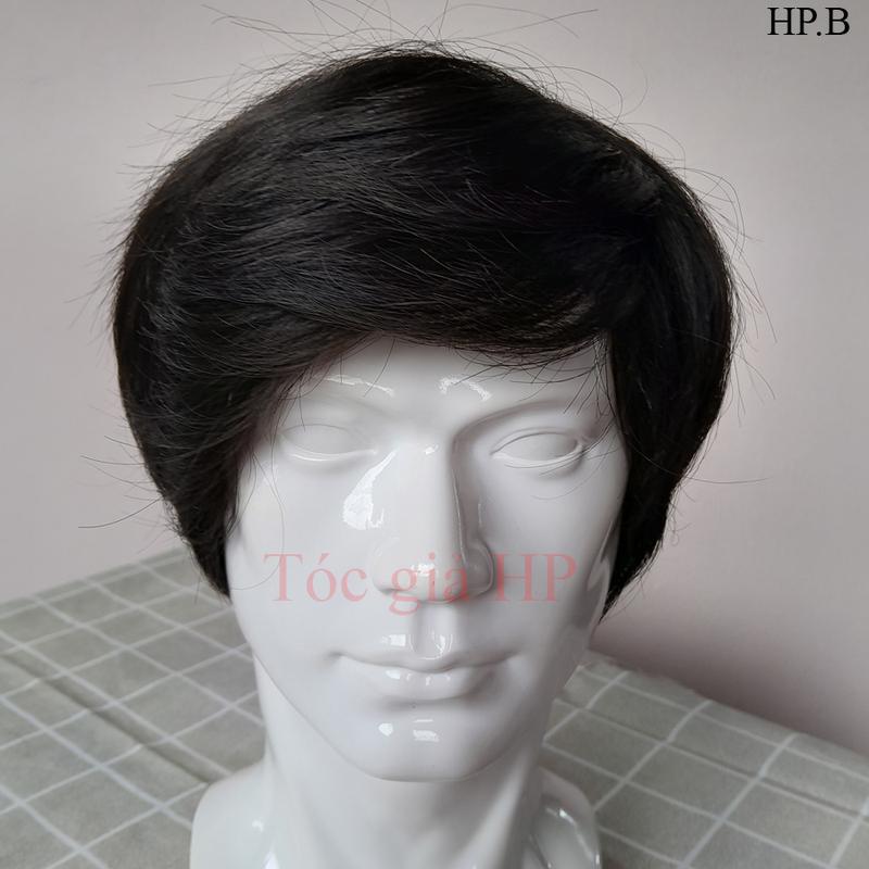 Tóc giả nam nguyên đầu màu nâu, mái dài, tóc thật