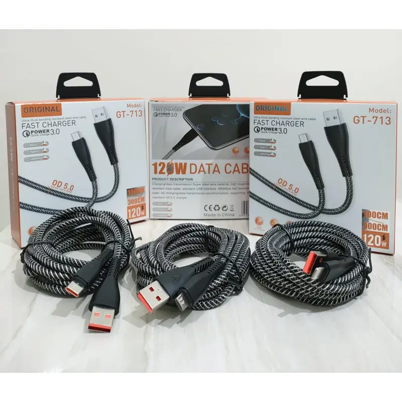 TERBARU KABEL DATA GT 713 120WATT 3 METER SUPPORT FAST CHARGING KABEL TEBAL BAHAN KAWAT MICRO TYPE C IP 4