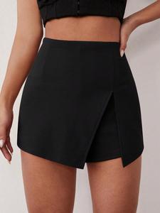 Women's Plain 2-IN-1 Split Thigh Zipper High Waist Skorts, Casual Chic Solid Color Shorts for Daily Wear, Ladies Bottoms for Summer