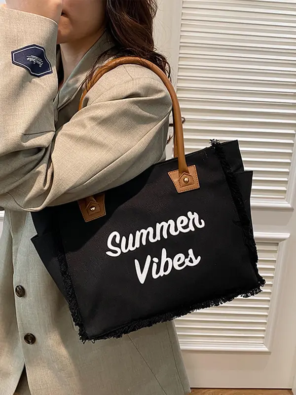 Women's Fashionable Letter Print Tote Bag, Casual Large Capacity Shoulder Bag for Daily Used, Trendy All-match Bag for Commuters and Students 4