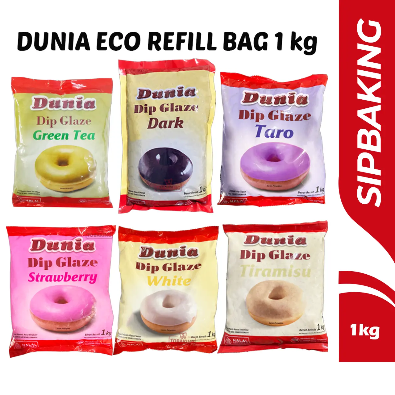 Dunia Dip Glaze  1 kg Eco Refill Bag Topping Kue Donut Dark Strawberry Taro Tiramisu Green Tea HALAL