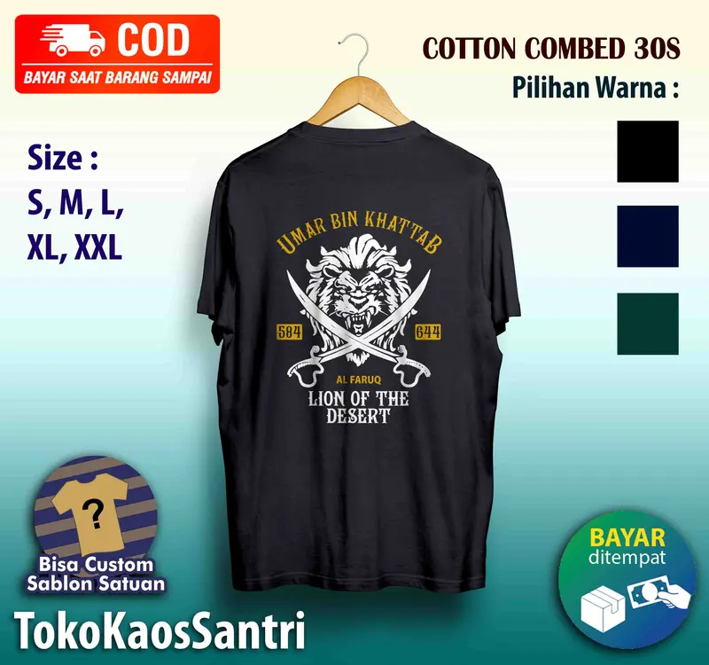 kaos distro santri Umar bin Khattab The lion of the desert Katun Santai dakwah muslim islami fashion terbaru viral tshirt cotton combed polos kata-kata Hitam Navy Custom Hijau 5
