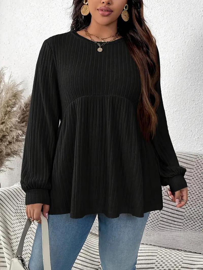 Product Introduction of 【Plus Size】Solid Color Ribbed T-shirts, Casual Long Sleeve Round Neck Top for Daily Wear, Women's Plus Clothing for All Seasons 4