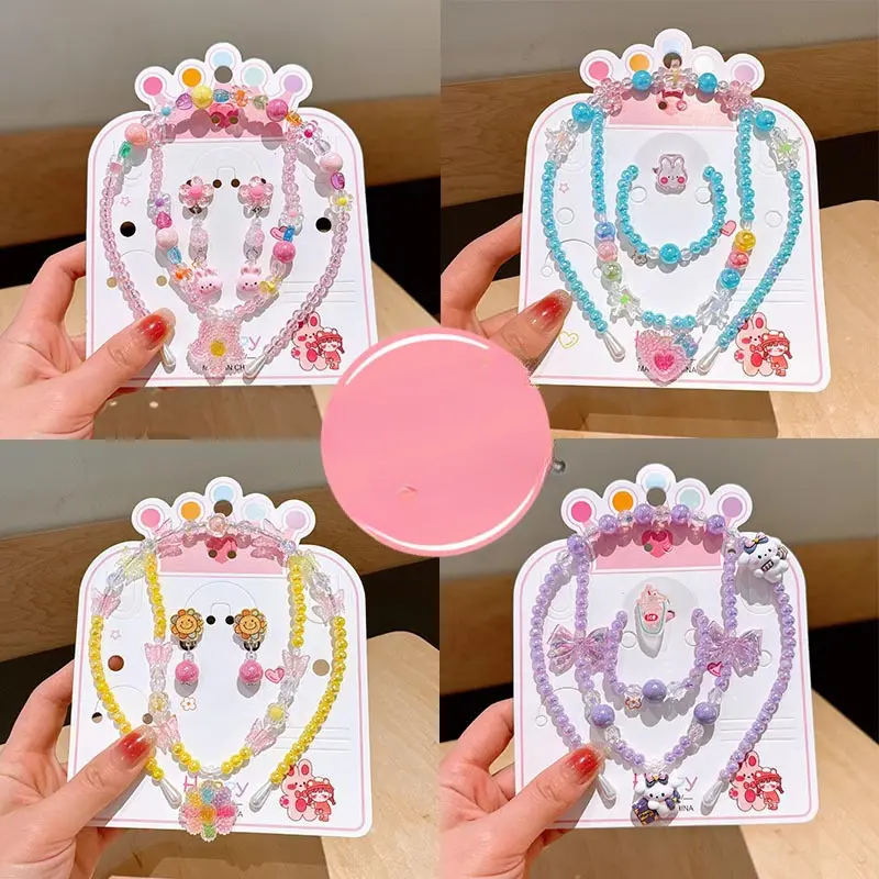 Children's Necklace Jewelry Set Colorful Beaded Bracelet Cartoon Hair Hoops Earrings Princess Girl Accessories