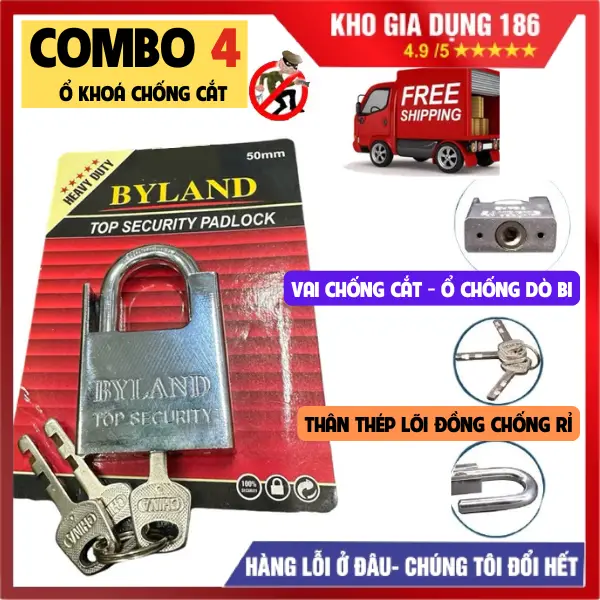 COMBO Ổ khoá chống cắt vai cao size 50mm, khoá thép lõi đồng BYLAND dùng trong nhà ngoài trời