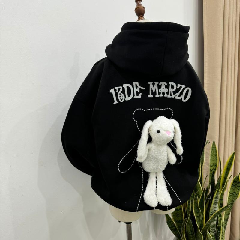 Áo Nữ Demazzo Họa Tiết In Chữ Sau Lưng Kèm Gấu  Bông Cute Vải Nỉ Bông Dày Dặn Ấm Áp - Kem, Top áo hoodie Women