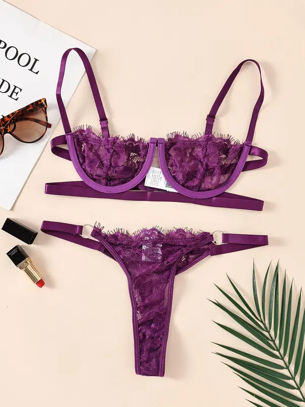 Womenswear Minimalist Lace Bra & Thong Set, Breathable Adjustable Strap Wireless Bra & Ring Linked Panty Sexy Lingeries Set, Valentine's Day Gift, Summer Wear 2024, Comfortable Co Ord Underwear Set, Tall Clothing Women 8