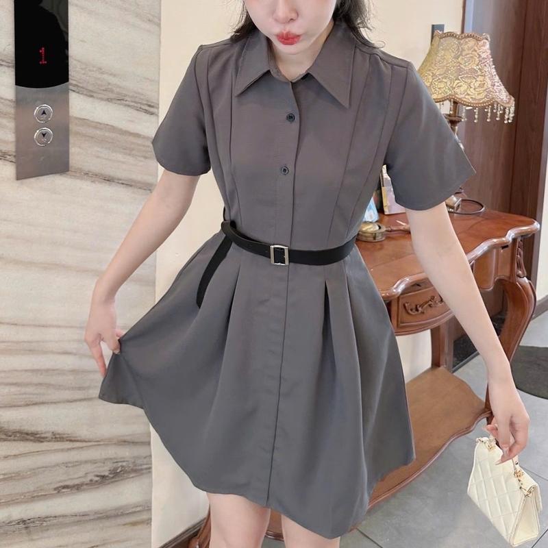 (DD257) ĐẦM NỮ CỔ SƠ MI XẾP LY EO TAY NGẮN kèm dây belt chất tuyết mưa phù hợp đi chơi đi làm đi tiệc Dress Women 0