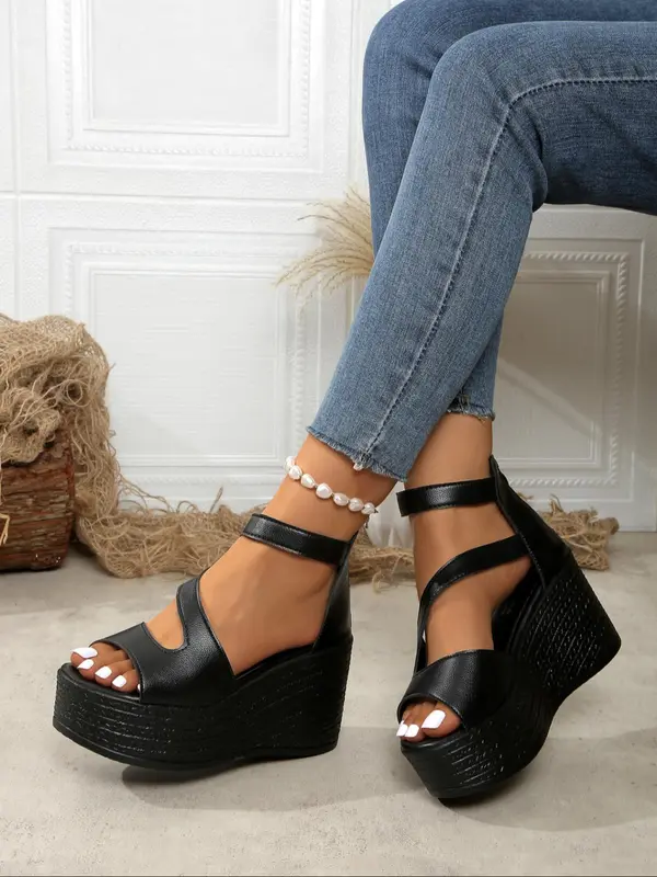 Women's Fashionable Plain Color Wedge Sandals, Casual Comfortable Platform Sandals for Summer, Lightweight Breathable Shoes for Daily Wear, Girl 5