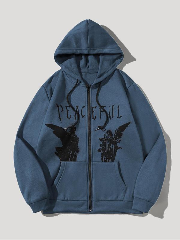 Unisex Men's Angel Print Zip Up Warm Hoodie, Casual Drawstring Pocket Hooded Sweatshirt for Fall & Winter, Essential Hoodie, Going Out Outfits 4
