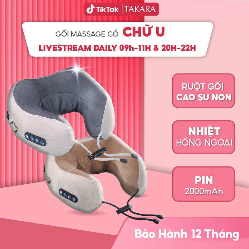  Gối massage cổ chữ U Takara lõi cao su non dùng đeo cổ với 4 nút chức năng hỗ trợ giảm mỏi cổ vai gáy 