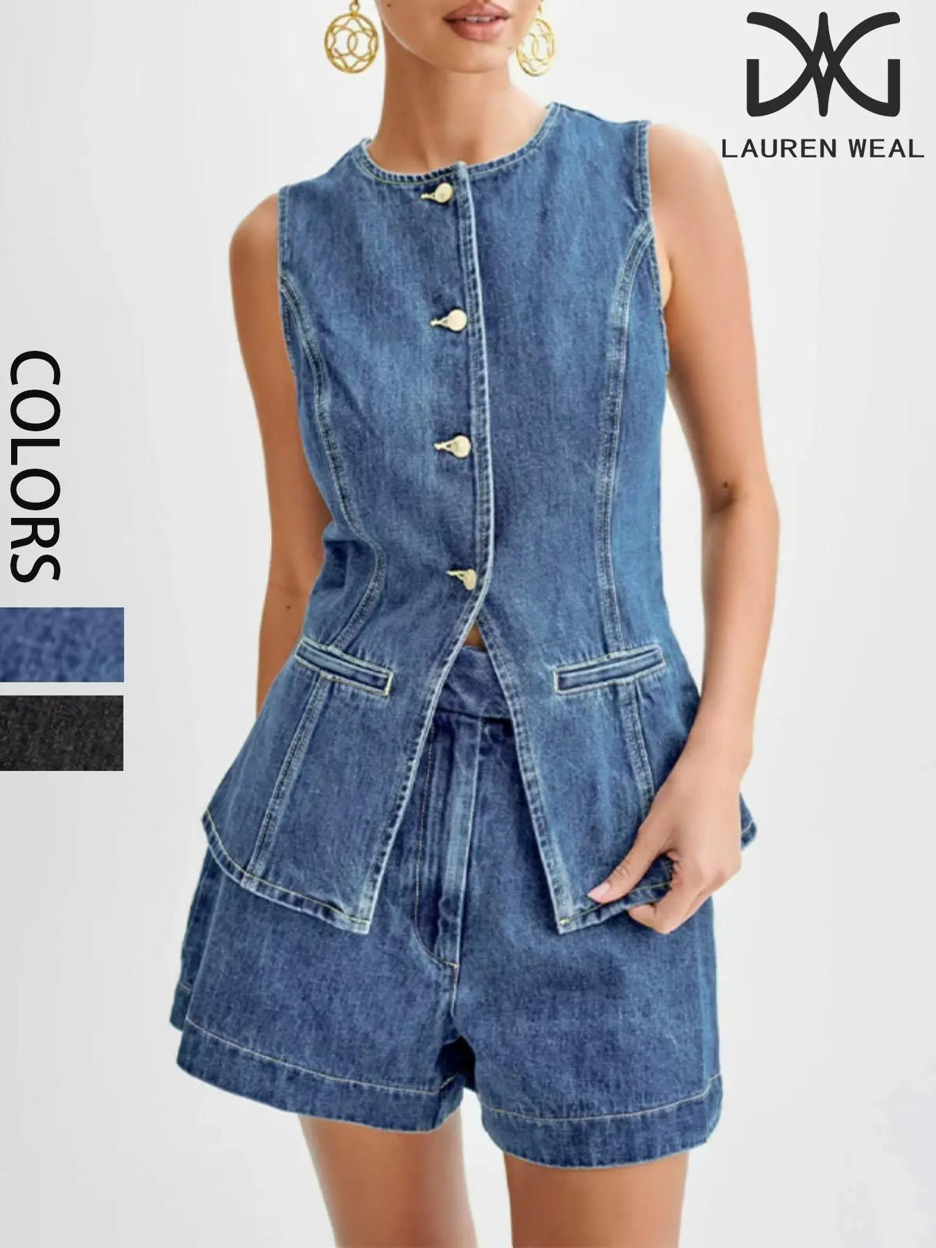 Women's Denim-Effect Print Button Fly Romper & Zipper Fly Denim Shorts Two-Piece Set, Casual Fashion Cozy Two-Piece for Daily Outdoor Wear, Ladies Clothes for All Seasons, Womenswear