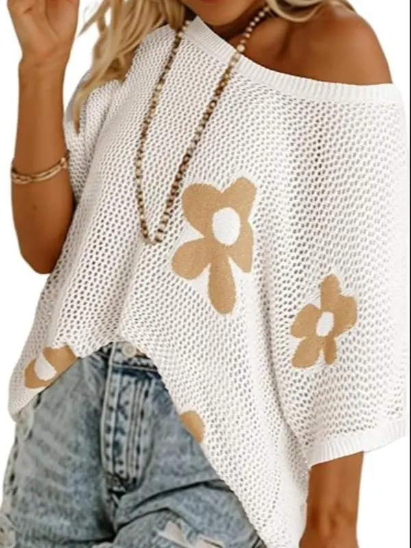 Women's Floral Pattern Crochet Sweater, Casual Half Sleeve Knit Top for Summer, Fashion Women's Knitwear for Daily Wear 1