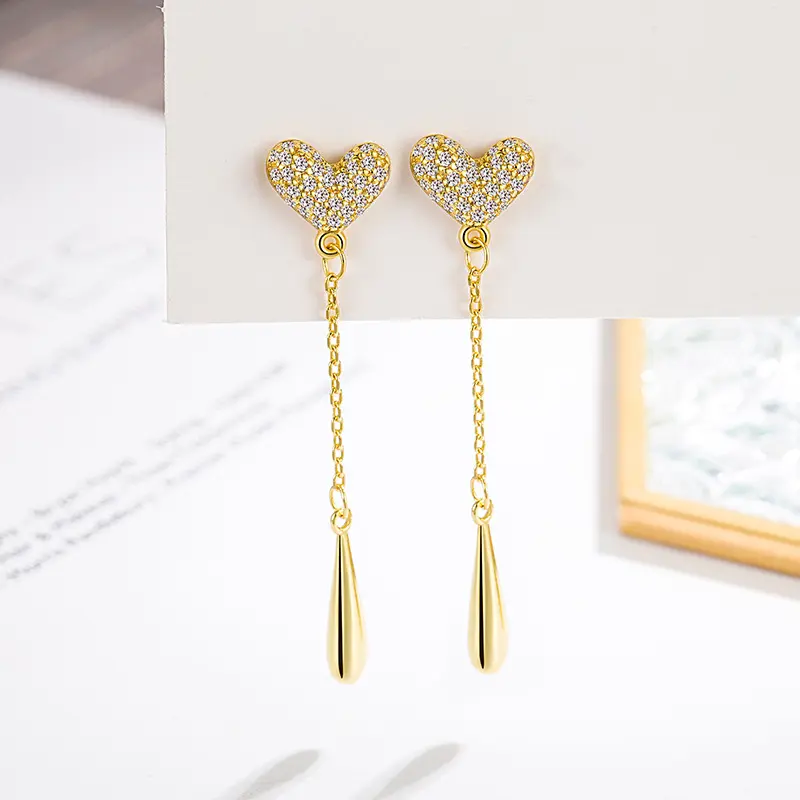 Luxe & Luster Jewelry Heart Shape Long Stud Earrings, Brass Jewelry, Women's Jewelry, Earrings, Unique Design, High-end, Delicate, Elegant, Versatile, Korean Style