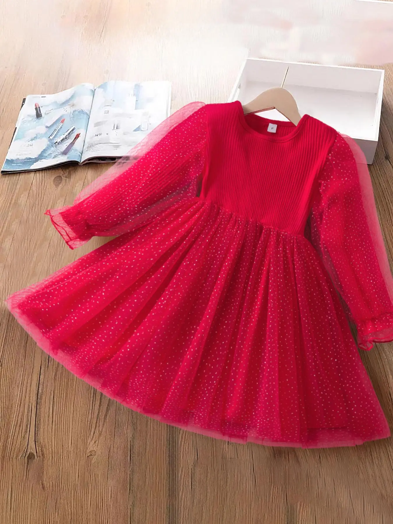 Girl's Contrast Mesh and Sequin Dress, Elegant Long Sleeve Round Neck A Line Dress for Party Performance Wedding Guest, Kids Fall & Winter Clothes