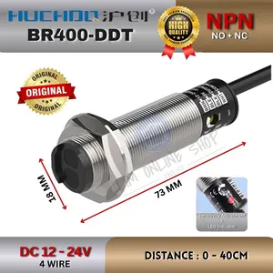 HUCHOQ Sensor Photoelectric BR400-DDT NPN NO M18 12-24VDC 3 Kabel Jarak Deteksi Adjustable 0-40CM Inductive DC12-24V LED Merah IP67