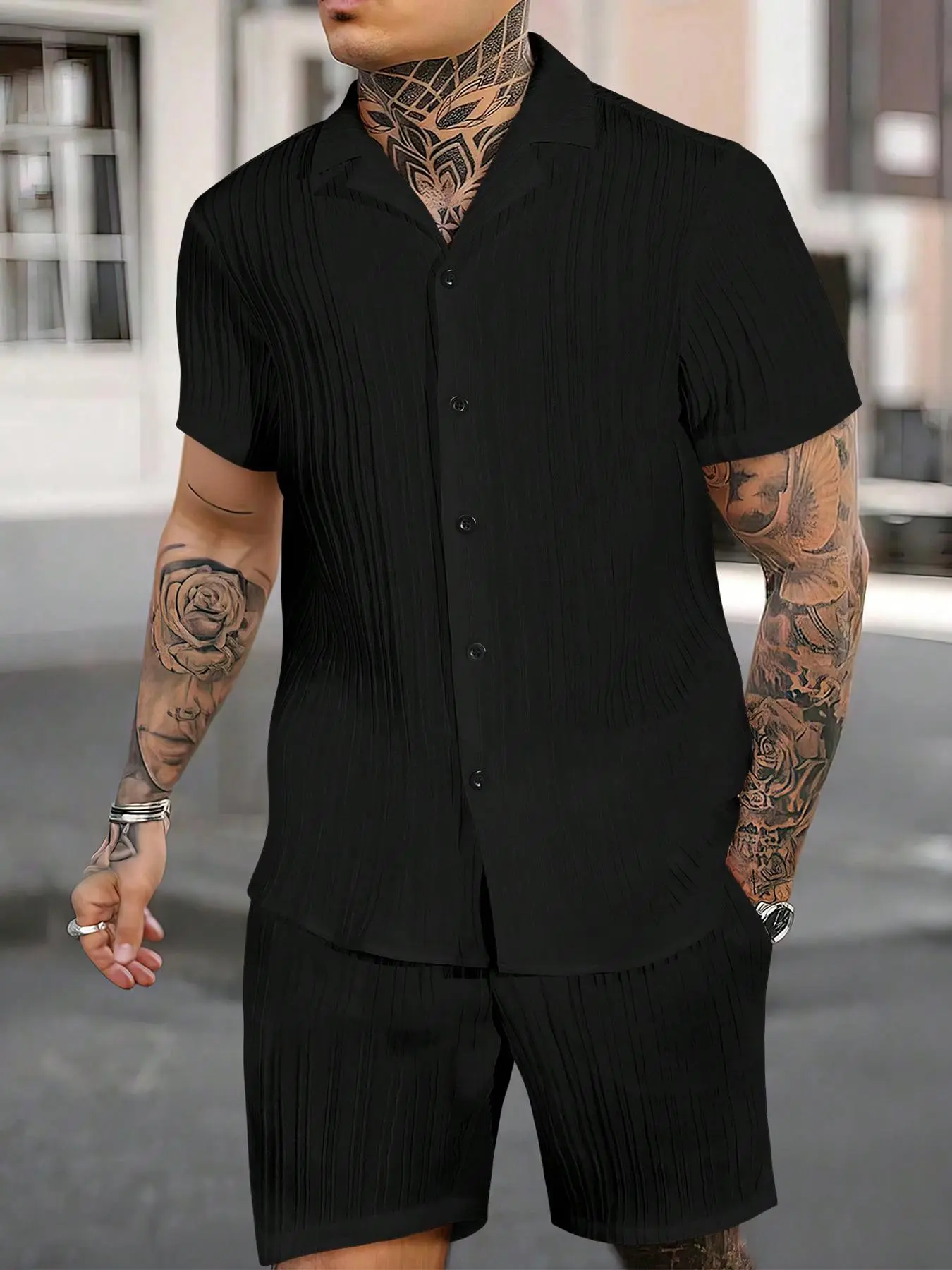 Two-Piece Set Men's Solid Button Front Shirt & Drawstring Waist Shorts, Regular Fit Casual Lapel Neck Short Sleeve Top & Track Shorts, Men's Two-piece Outfits for All Seasons