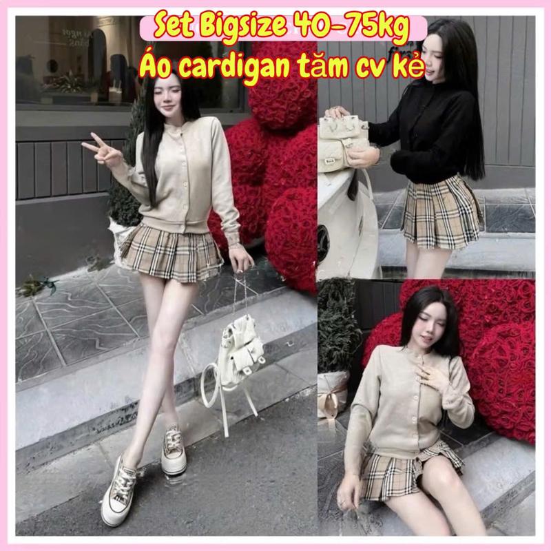 Set Áo cardigan BigSize tay dài Mix Chân Váy kẻ sang chảnh cho các nàng-bigsize 40-75kg
