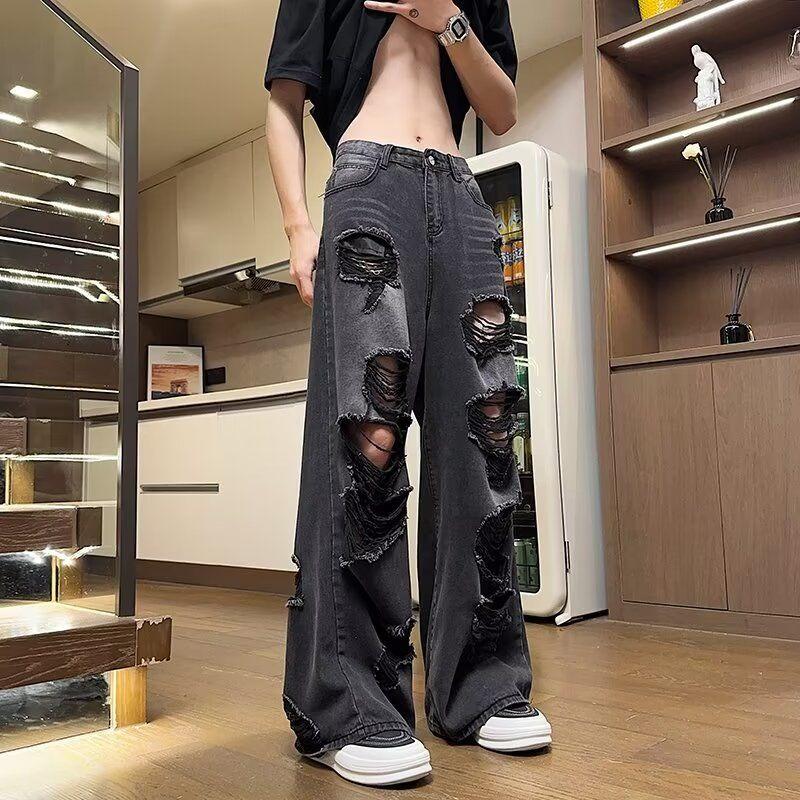 Phong cách tối bị phá hủy phong cách thô viền quần jean rách nam xu hướng đường phố Pu đẹp trai hiệu ứng xếp nếp lỏng lẻo quần ống rộng Menswear 4