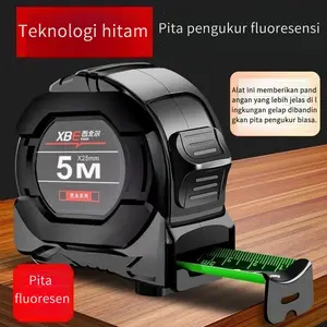 Pita pengukur baja fluoresen pengunci otomatis, kode laser presisi tinggi, kotak hitam dan emas, penggaris alat ukur 5 meter, penggaris rumah tangga lebar 10 meter, tahan aus
