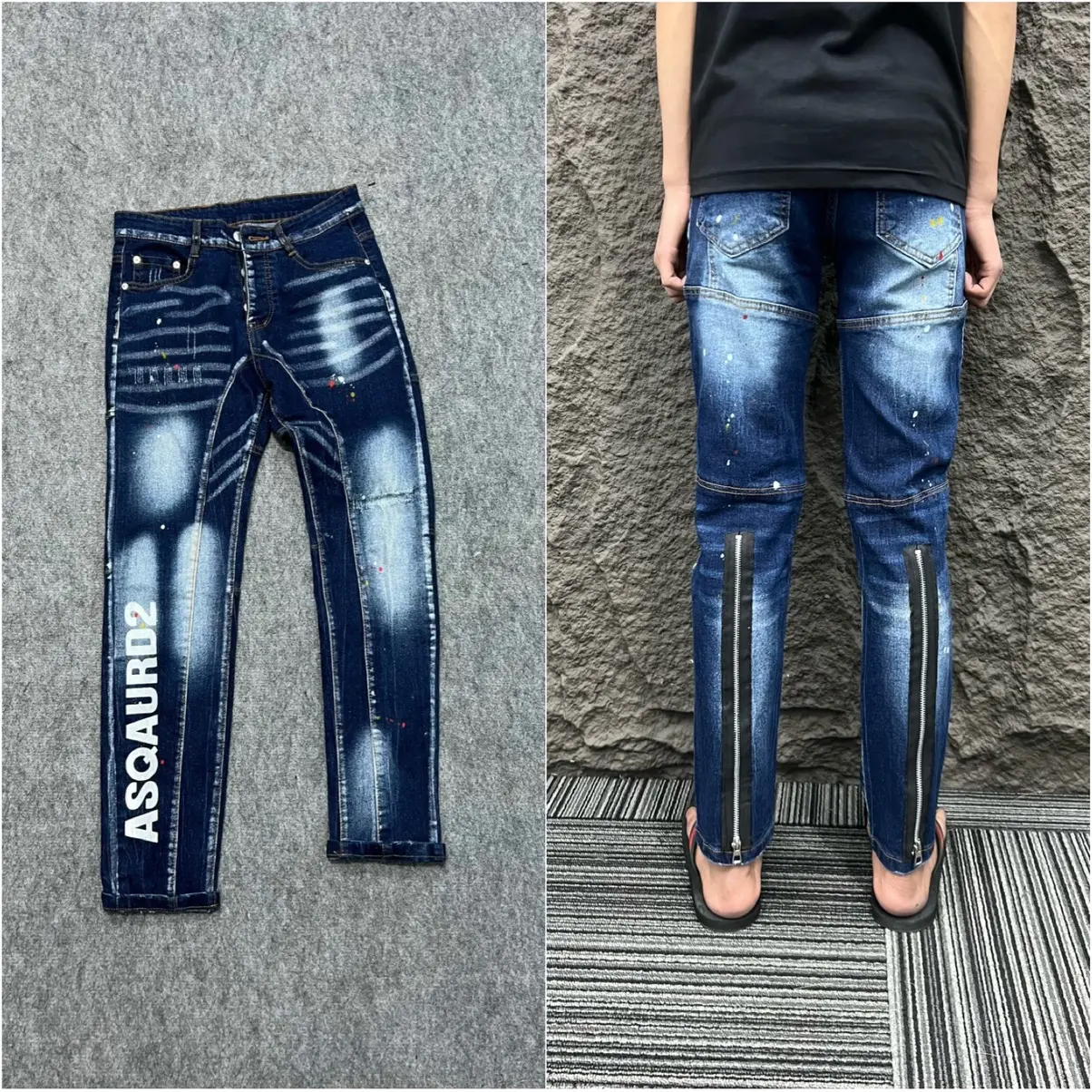 Quần Jean Nam đêe quyy in chữ mix 2 khoá sau ống chân vẩy sơn, 4 cúccc Jean Pants Menswear Có Túi