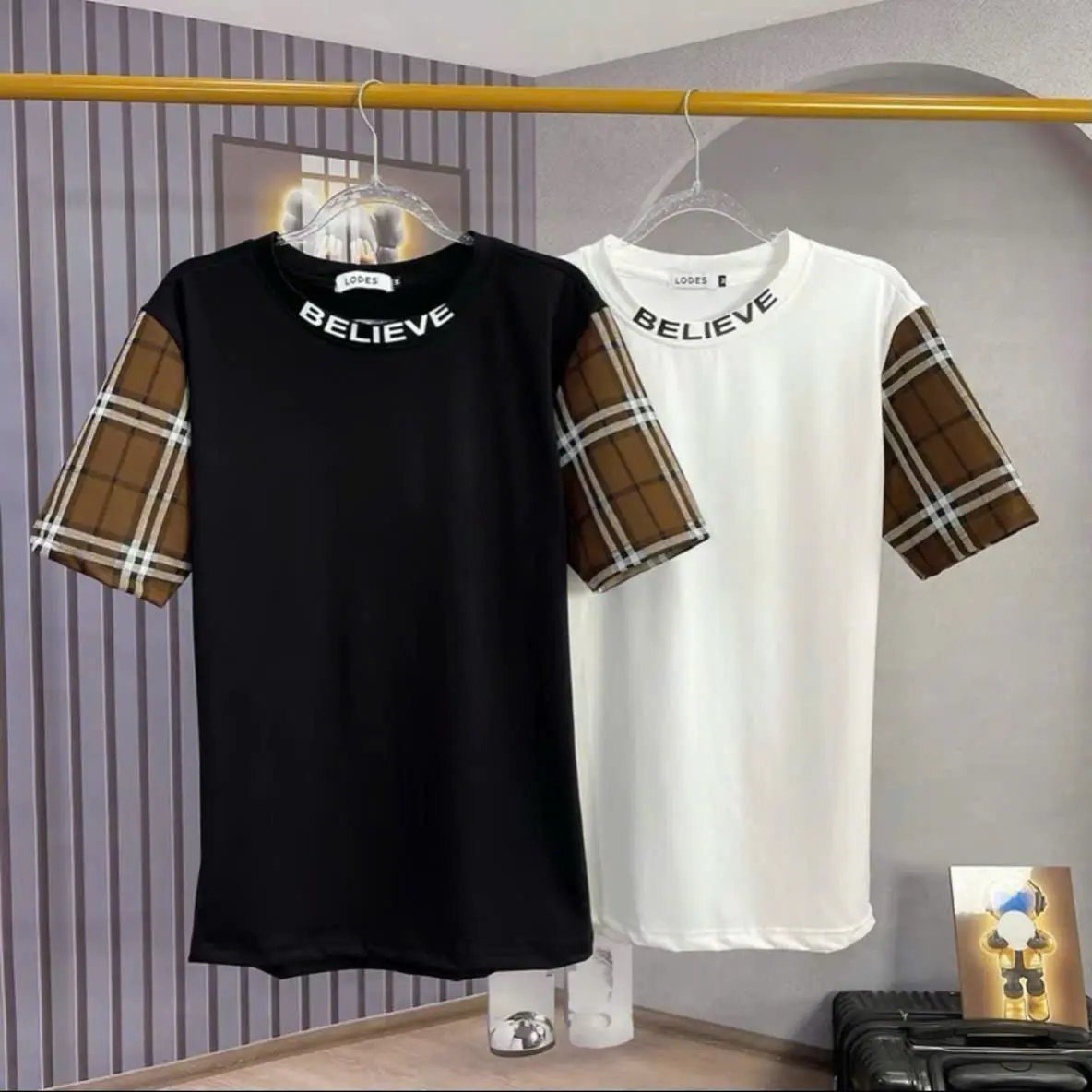 Áo Thun Nam Ngắn Tay Phối Caro Nâu Chất Vải Cotton Dày Dặn Co Giãn Nhẹ X 4 Màu Chuẩn Form Nam Dễ Phối Đồ Menswear [CLOTHES]