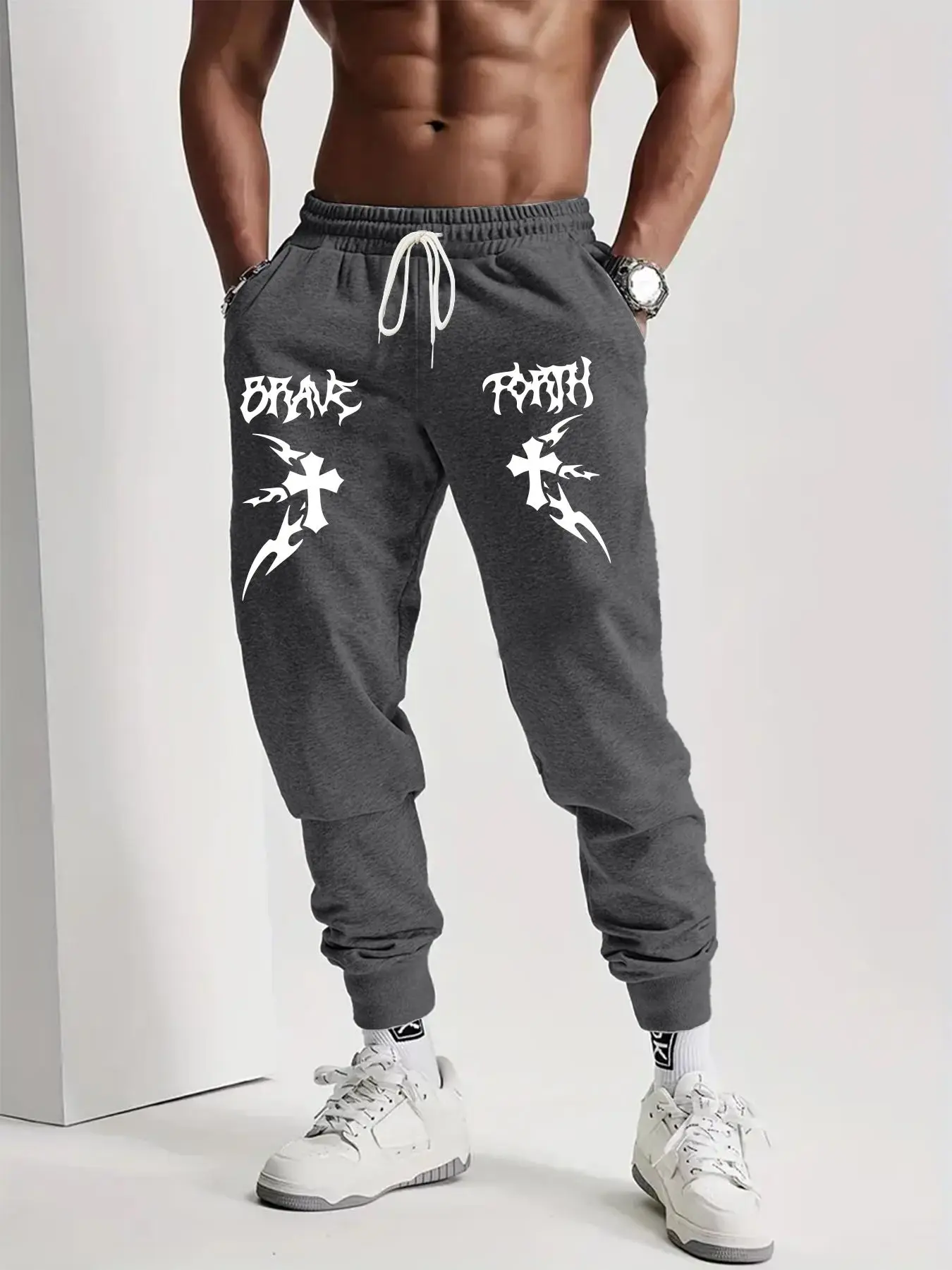 Men's Geometric & Letter Print Drawstring Pants, Trousers for Men, Regular Fit Casual Pocket Elastic Waist Trousers for Spring & Fall, Men's Bottoms for Daily Wear