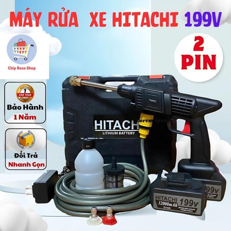 Máy Rửa Xe Cầm Tay HiTaChi 199V 2 Pin - Xịt Rửa Xe Áp Lực Cao, Sân Vườn, Bình Tạo Bọt Tuyết Tiết Kiệm Nước - Bảo Hành 12 Tháng - Lau Xe