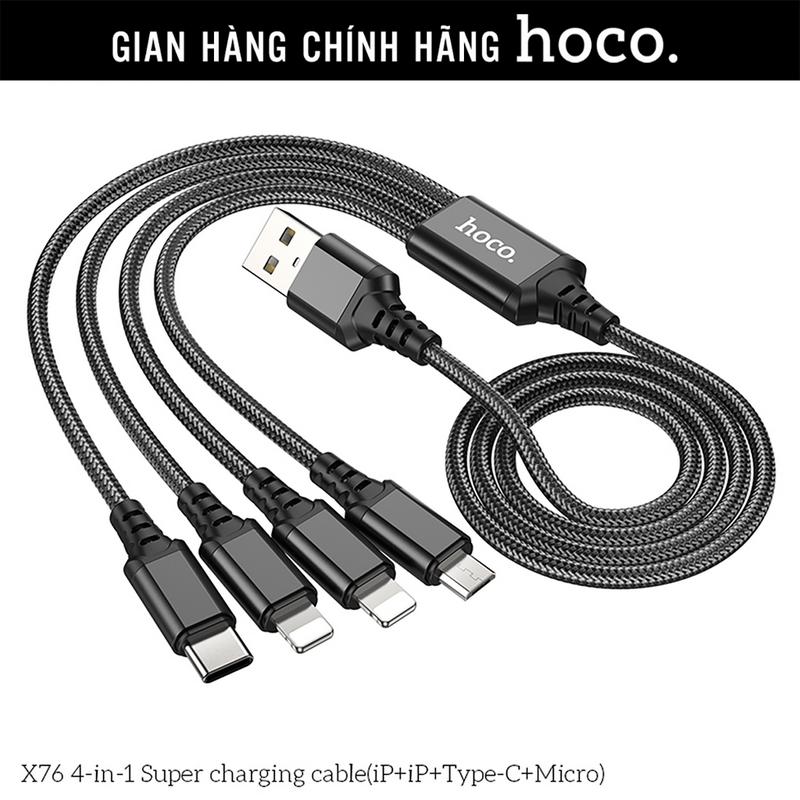 Dây cáp sạc 4 đầu 2A Hoco X76 dài 1m bọc dù siêu bền, dây sạc đa thiết bị chính hãng, dây sạc điện thoại 2 đầu Type C, 2 đầu Iphone Lightning Hoco Mall Official Phụ Kiện Usb