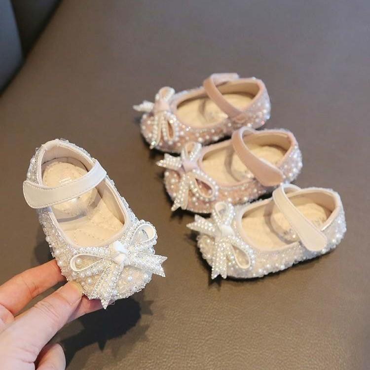 Giày Búp Bê Tập Đi Đính Nơ Phối Ngọc Lấp Lánh Quai Dán Phong Cách Tiểu Thư Sang Chảnh Cho Bé Gái(TD18)